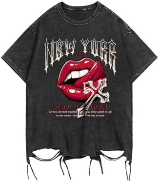 Men's Graphic Tees Y2k Tops Hip Hop Lip Goth Ripped Short, Black White