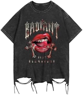 Men's Graphic Tees Y2k Tops Hip Hop Lip Goth Ripped Short Sleeve T-Shirts