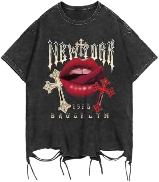Men's Graphic Tees Y2k Tops Hip Hop Lip Goth Ripped Short Sleeve T-Shirts