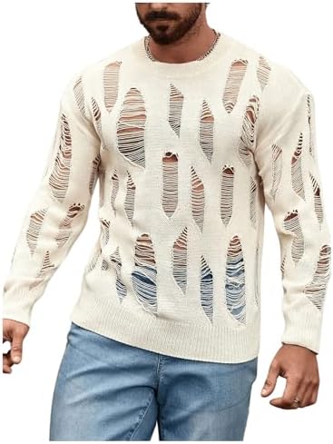 Men's Hollow Out Distressed Knit Sweater Top Long Sleeve, Apricot
