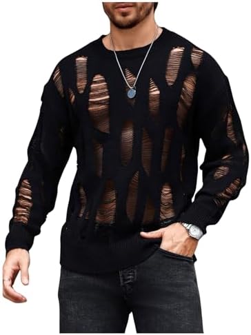 Men's Hollow Out Distressed Knit Sweater Top Long Sleeve Pullovers Black