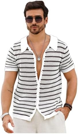 Men's Hollow Out Knit Button Down Short Short Sleeve, Brown