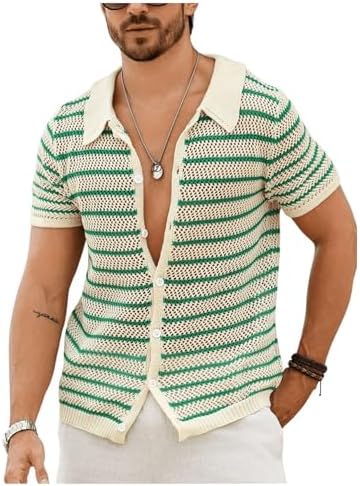 Men's Hollow Out Knit Button Down Short Short Sleeve Striped Crochet Cardigan