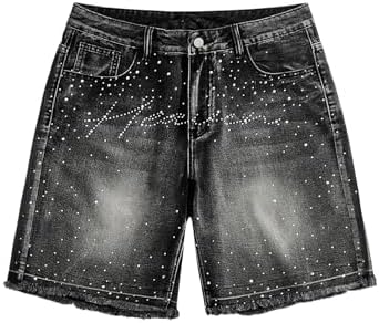 Men's Jorts Baggy Jean Shorts Glitter Rhinestone Summer, Black Grey