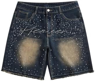 Men's Jorts Baggy Jean Shorts Glitter Rhinestone Summer, Brown