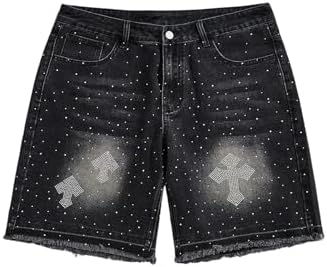 Men's Jorts Baggy Jean Shorts Glitter Rhinestone Summer Oversized Denim