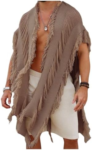 Men's Knit Poncho Fringe Loose Cardigan Cape Knit Shawl, Coffee Brown