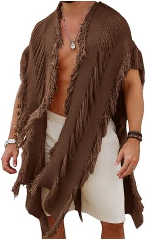 Men's Knit Poncho Fringe Loose Cardigan Cape Knit Shawl, Dark Brown