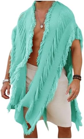 Men's Knit Poncho Fringe Loose Cardigan Cape Knit Shawl, Mint Green