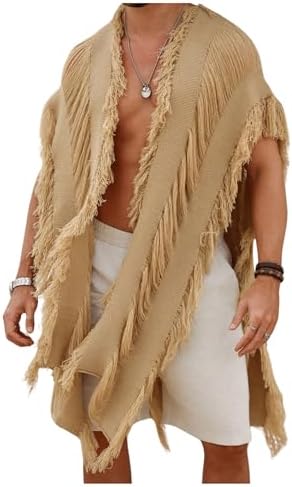 Men's Knit Poncho Fringe Loose Cardigan Cape Knit Shawl, Khaki