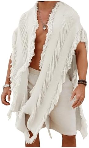 Men's Knit Poncho Fringe Loose Cardigan Cape Knit Shawl, White