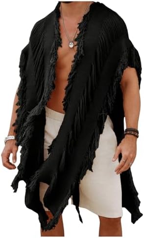 Men's Knit Poncho Fringe Loose Cardigan Cape Knit Shawl Wrap Beach Vacation