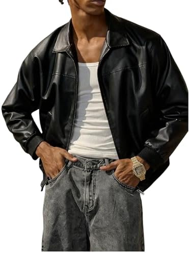 Men's Leather Jacket Zip Up Collared Bomber Jackets with, Black Solid