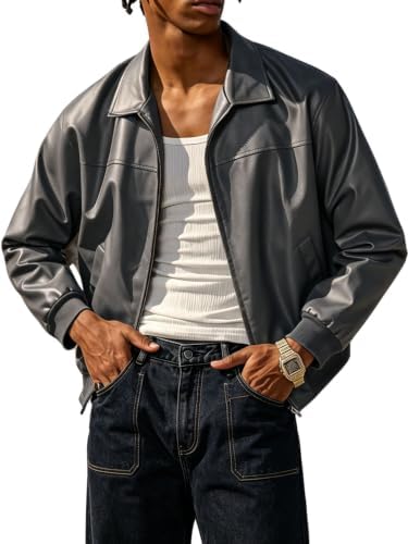 Men's Leather Jacket Zip Up Collared Bomber Jackets with, Dark Grey