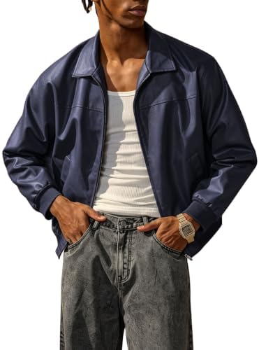 Men's Leather Jacket Zip Up Collared Bomber Jackets with, Blue
