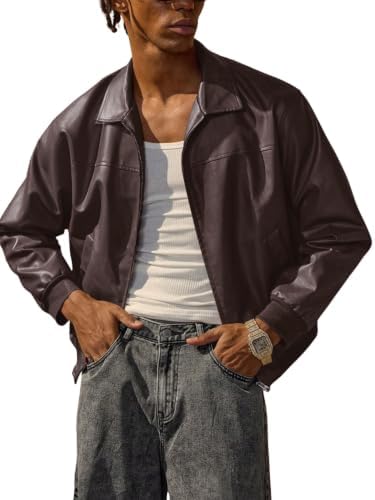 Men's Leather Jacket Zip Up Collared Bomber Jackets with, Brown