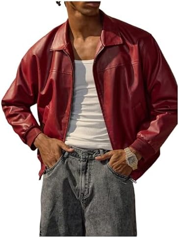 Men's Leather Jacket Zip Up Collared Bomber Jackets with Pockets | Faux