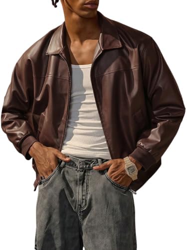 Men's Leather Jacket Zip Up Collared Bomber Jackets with, Light Brown