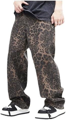 Men's Leopard Print Baggy Jeans Grunge Wide Leg Denim Pants with Pockets
