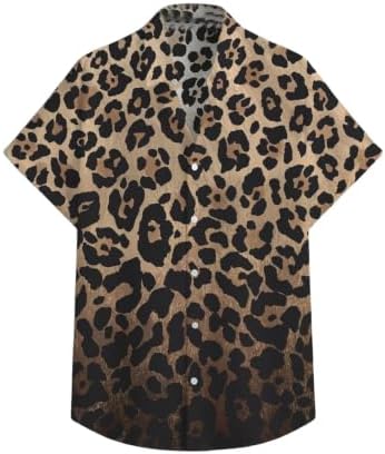 Men's Leopard Print Button Down Shirt Short Sleeve Collar V, Light Brown