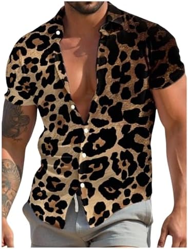 Men's Leopard Print Button Down Shirt Short Sleeve Collar V Neck Casual