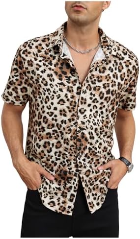 Men's Leopard Print Tops Button Down Shirt Short Sleeve Y2k Summer Vacation