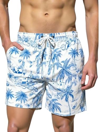 Men's Leopard Swim Trunks Drawstring Waist Swimwear Summer, Blue And White