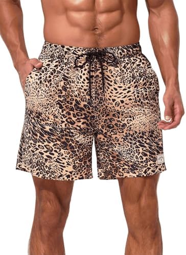 Men's Leopard Swim Trunks Drawstring Waist Swimwear Summer, Brown Cheetah