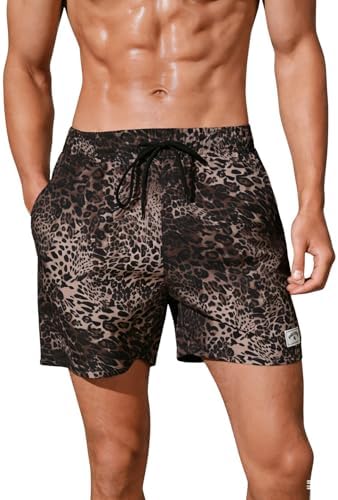 Men's Leopard Swim Trunks Drawstring Waist Swimwear Summer, Brown Multi