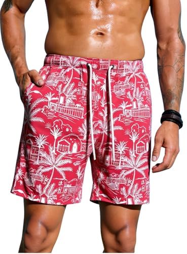Men's Leopard Swim Trunks Drawstring Waist Swimwear Summer, Red