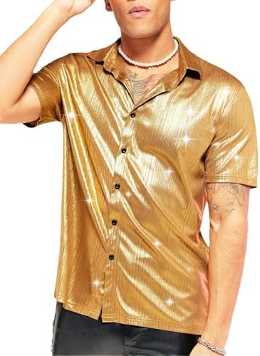 Men's Metallic Button Down Shirt Short Sleeve Collar Glitter Top Gold L