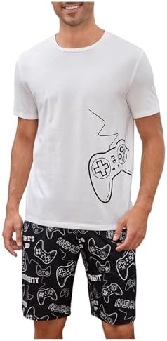 Men's Pajamas Set 2 Piece Pjs Sets Short Sleeve Letter, Black And White