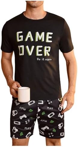 Men's Pajamas Set 2 Piece Pjs Sets Short Sleeve Letter, Black White Green