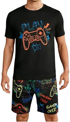 Men's Pajamas Set 2 Piece Pjs Sets Short Sleeve Letter, Black Blue