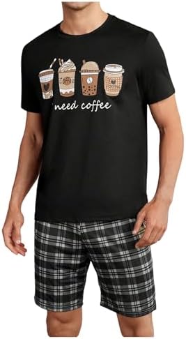 Men's Pajamas Set 2 Piece Pjs Sets Short Sleeve Letter, Black Brown