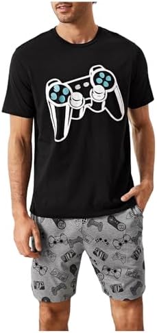 Men's Pajamas Set 2 Piece Pjs Sets Short Sleeve Letter, Black Grey