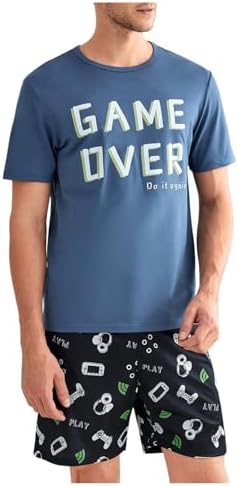 Men's Pajamas Set 2 Piece Pjs Sets Short Sleeve Letter, Dusty Blue