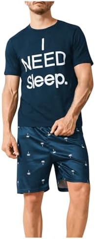 Men's Pajamas Set 2 Piece Pjs Sets Short Sleeve Letter, Blue
