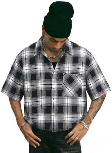 Men's Plaid Cropped Shirt Y2K Button Up Grunge Boxy Top, Black And Grey