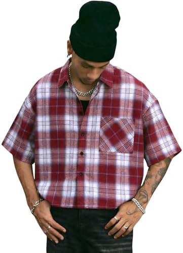 Men's Plaid Cropped Shirt Y2K Button Up Grunge Boxy Top, Multi Red