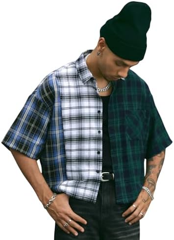 Men's Plaid Cropped Shirt Y2K Button Up Grunge Boxy Top, Blue
