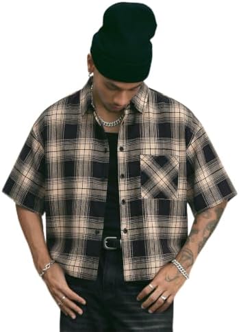 Men's Plaid Cropped Shirt Y2K Button Up Grunge Boxy Top, Khaki