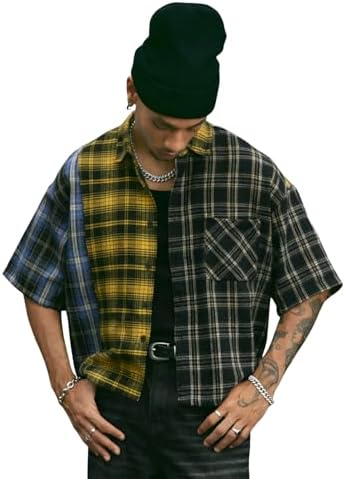 Men's Plaid Cropped Shirt Y2K Button Up Grunge Boxy Top, Yellow