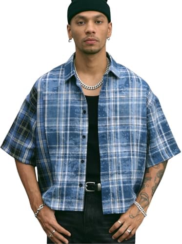 Men's Plaid Cropped Shirt Y2K Button Up Grunge Boxy Top Streetwear