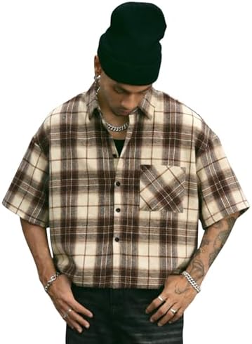 Men's Plaid Cropped Shirt Y2K Button Up Grunge Boxy Top, Coffee Brown