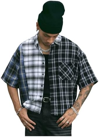 Men's Plaid Cropped Shirt Y2K Button Up Grunge Boxy Top, Multicolor