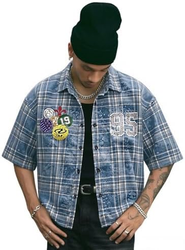 Men's Plaid Cropped Shirt Y2K Button Up Grunge Boxy Top, Plaid Blue