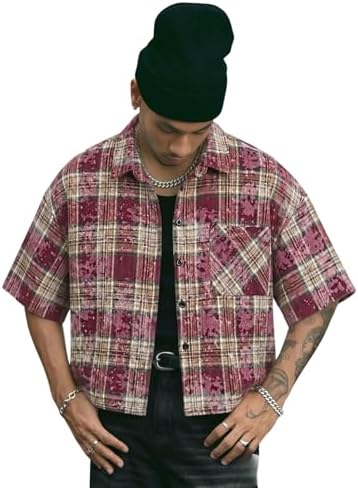 Men's Plaid Cropped Shirt Y2K Button Up Grunge Boxy Top, Red And Orange