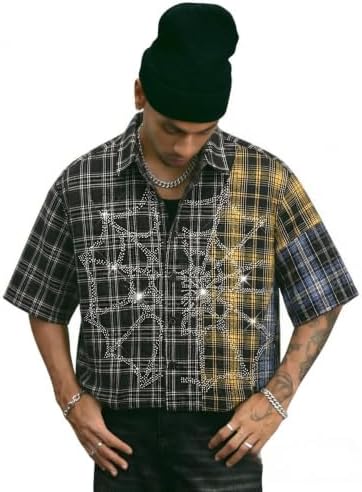 Men's Plaid Cropped Shirt Y2K Button Up Grunge Boxy Top, Rhinestone Black