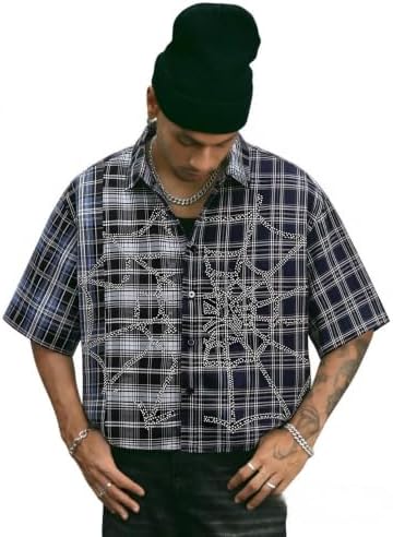 Men's Plaid Cropped Shirt Y2K Button Up Grunge Boxy Top, Rhinestone Blue